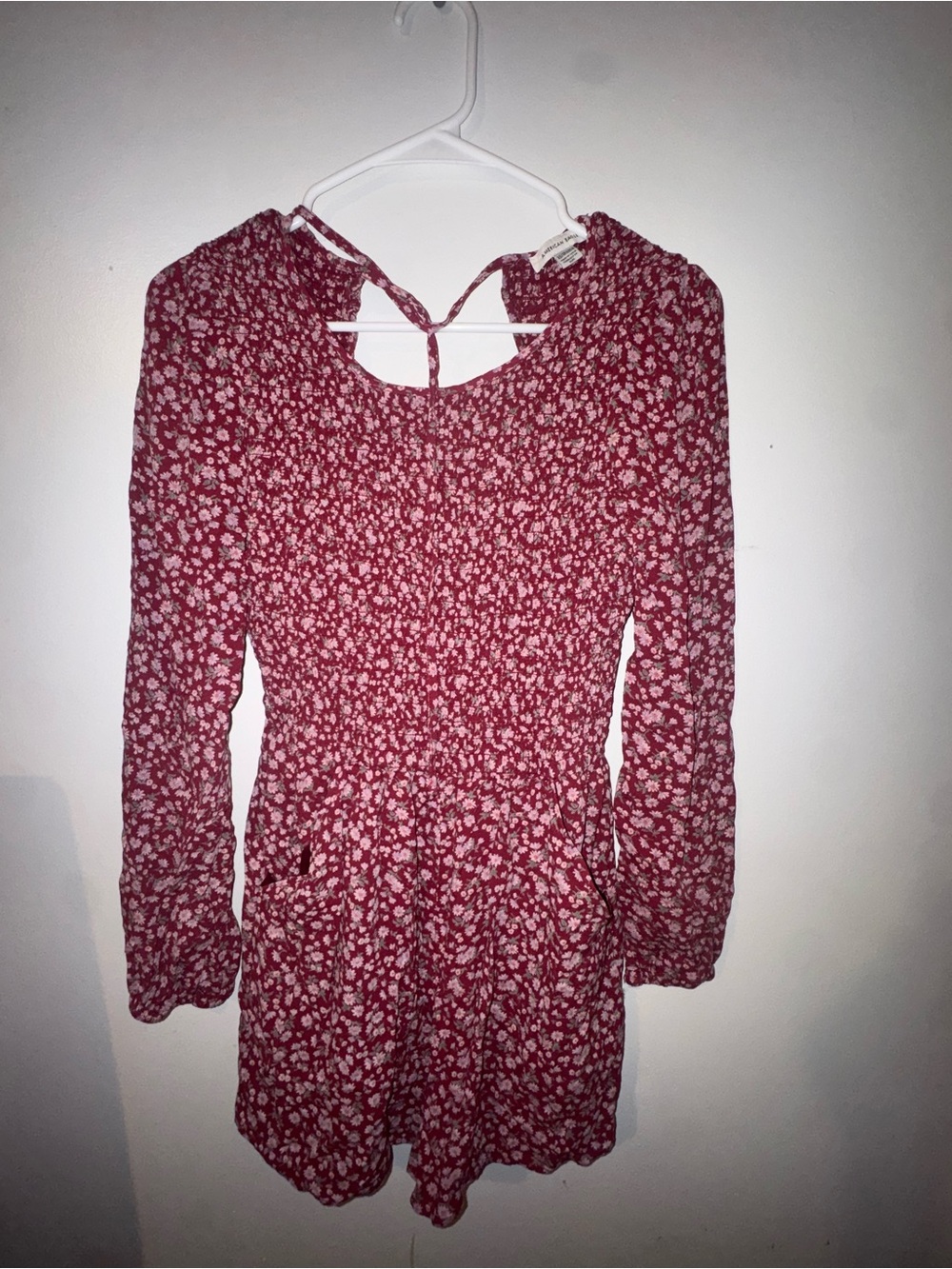 American Eagle Outfitters Girls' Burgundy Floral Long-Sleeve Smocked Dress